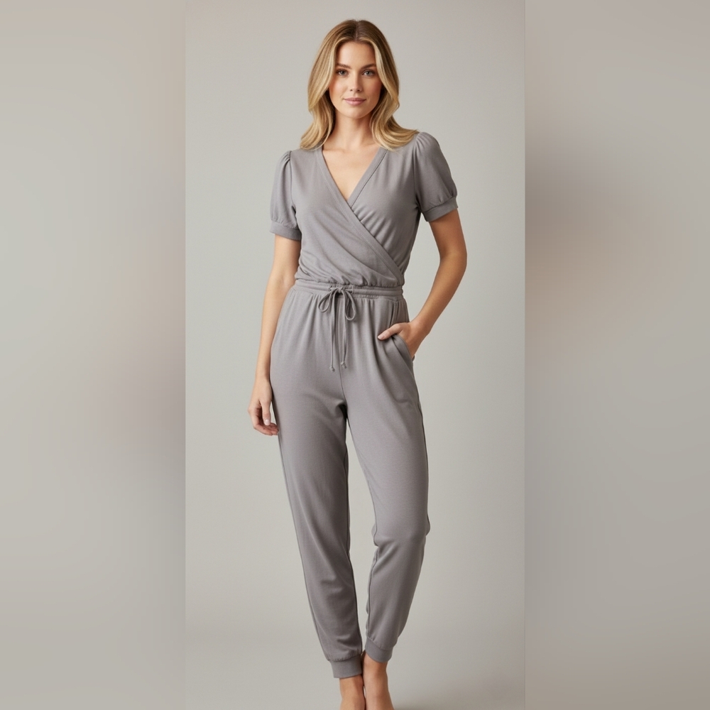 CHASER Cozy Knit Mixed PoplinPuff Sleeve Surplice Jumpsuit Size Small